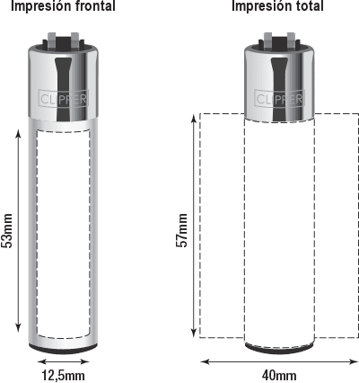 Áreas de impresión de un Clipper personalizado: impresión frontal 12,5 × 53 mm e impresión total 40 × 57 mm